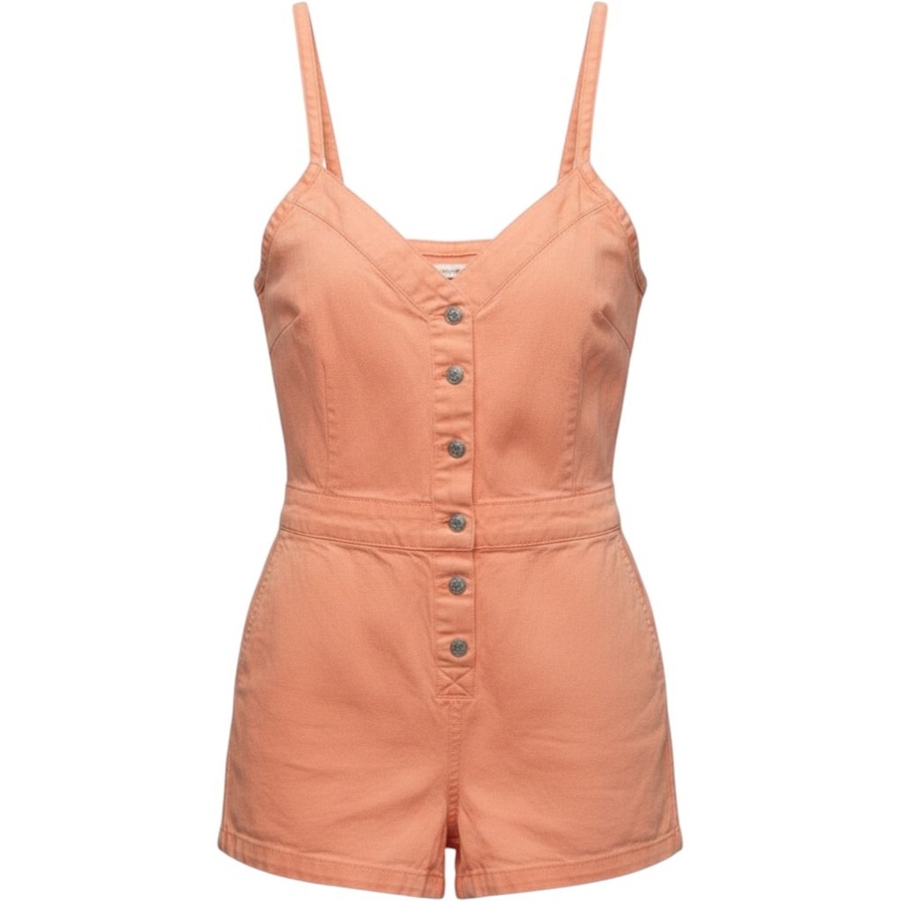 Peach Cotton Denim Button Romper Sleeveless Short Jumpsuit